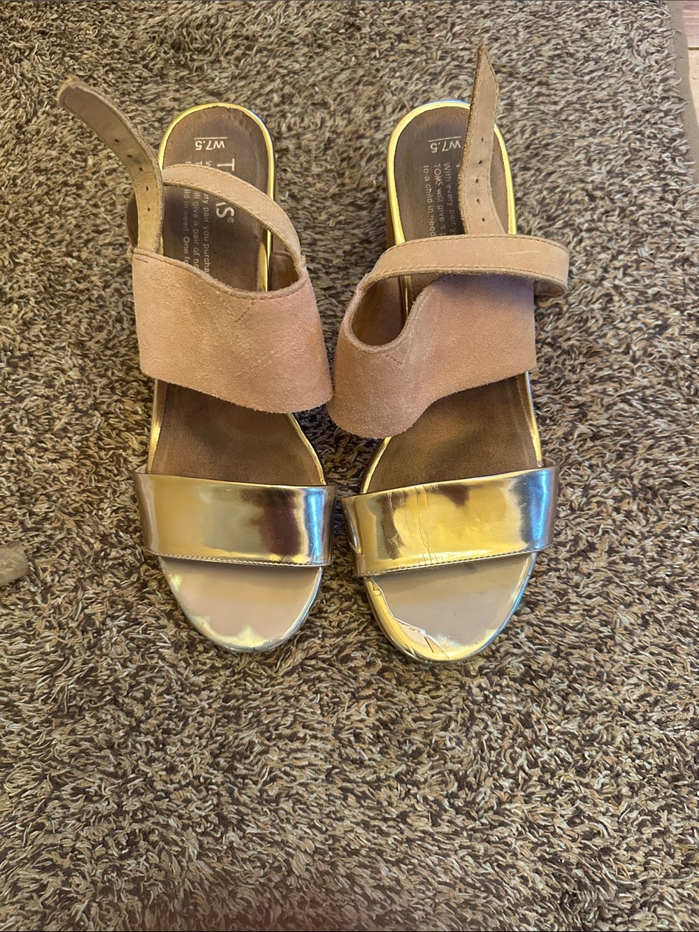 Toms Gold Metallic & Tan Suede Wedge Sandals - Open Toe